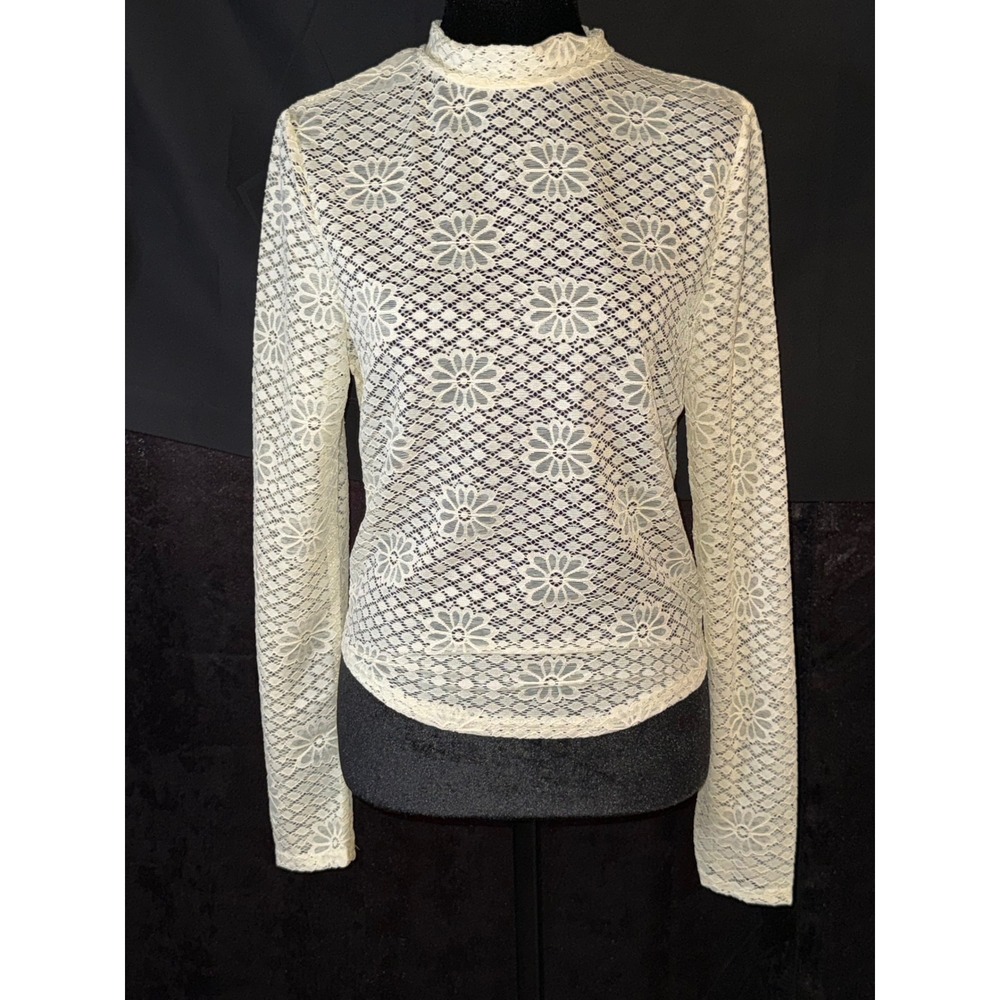 Gee Gee Cream Floral Lace Mock Neck Long Sleeve Top MT52137 NWT Womens‎ Medium